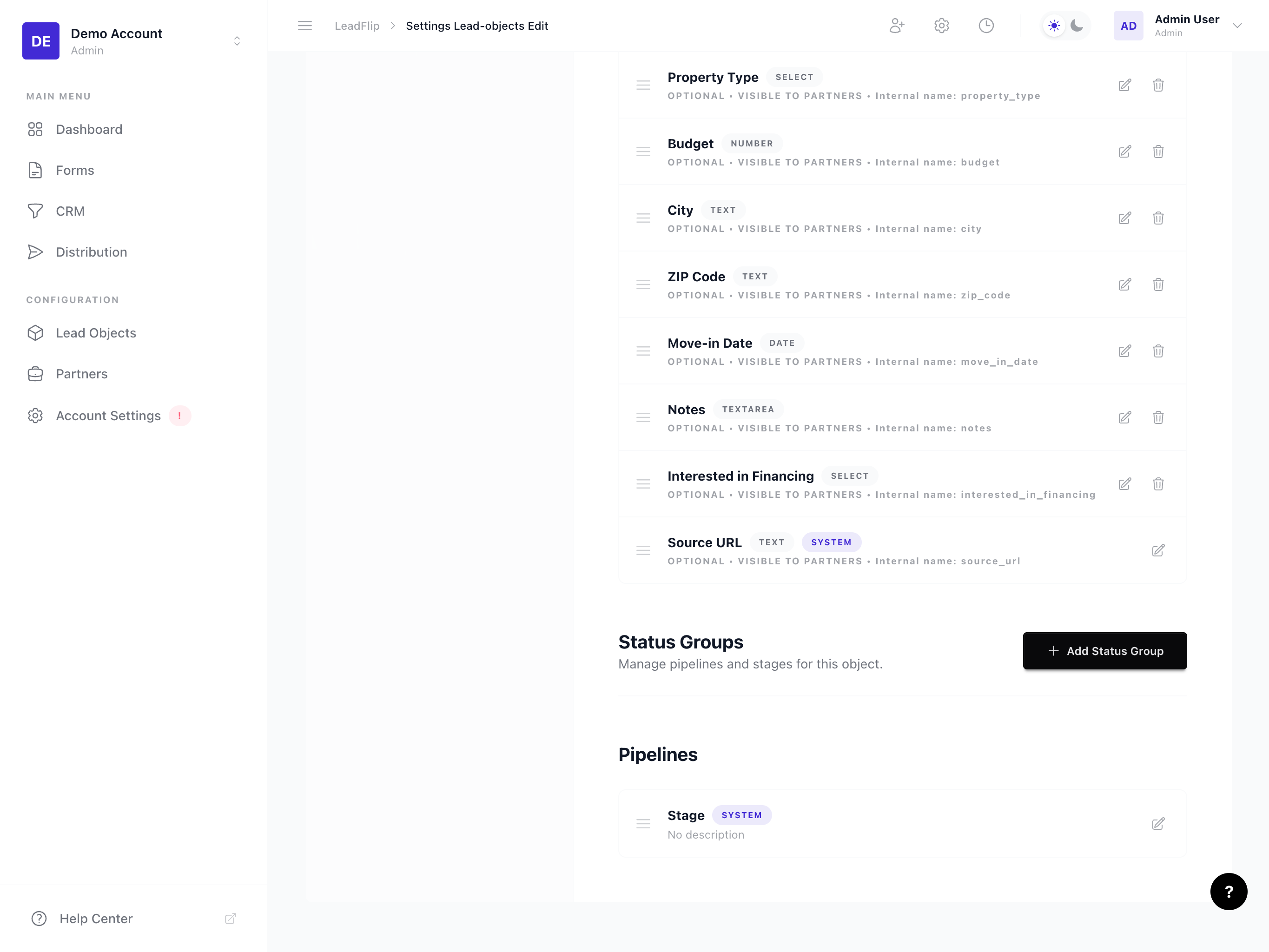 Fields management screen