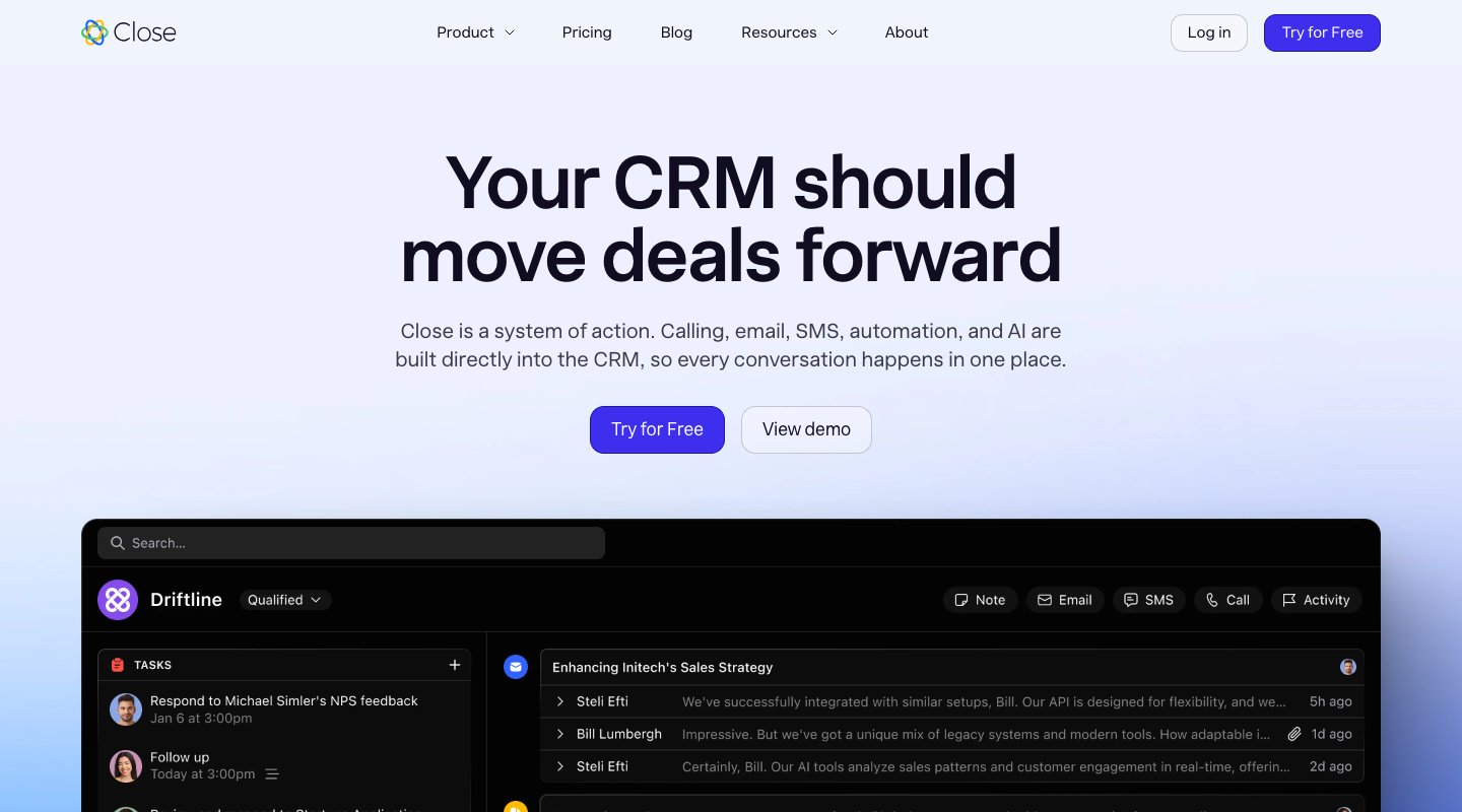 Close CRM homepage