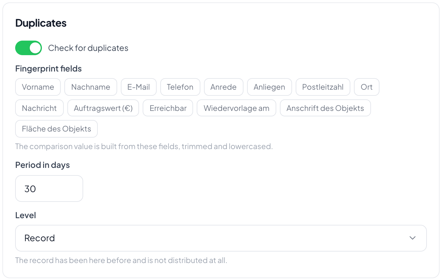 The ticked fields make up the fingerprint. Two submissions with the same print count as one within the time span.