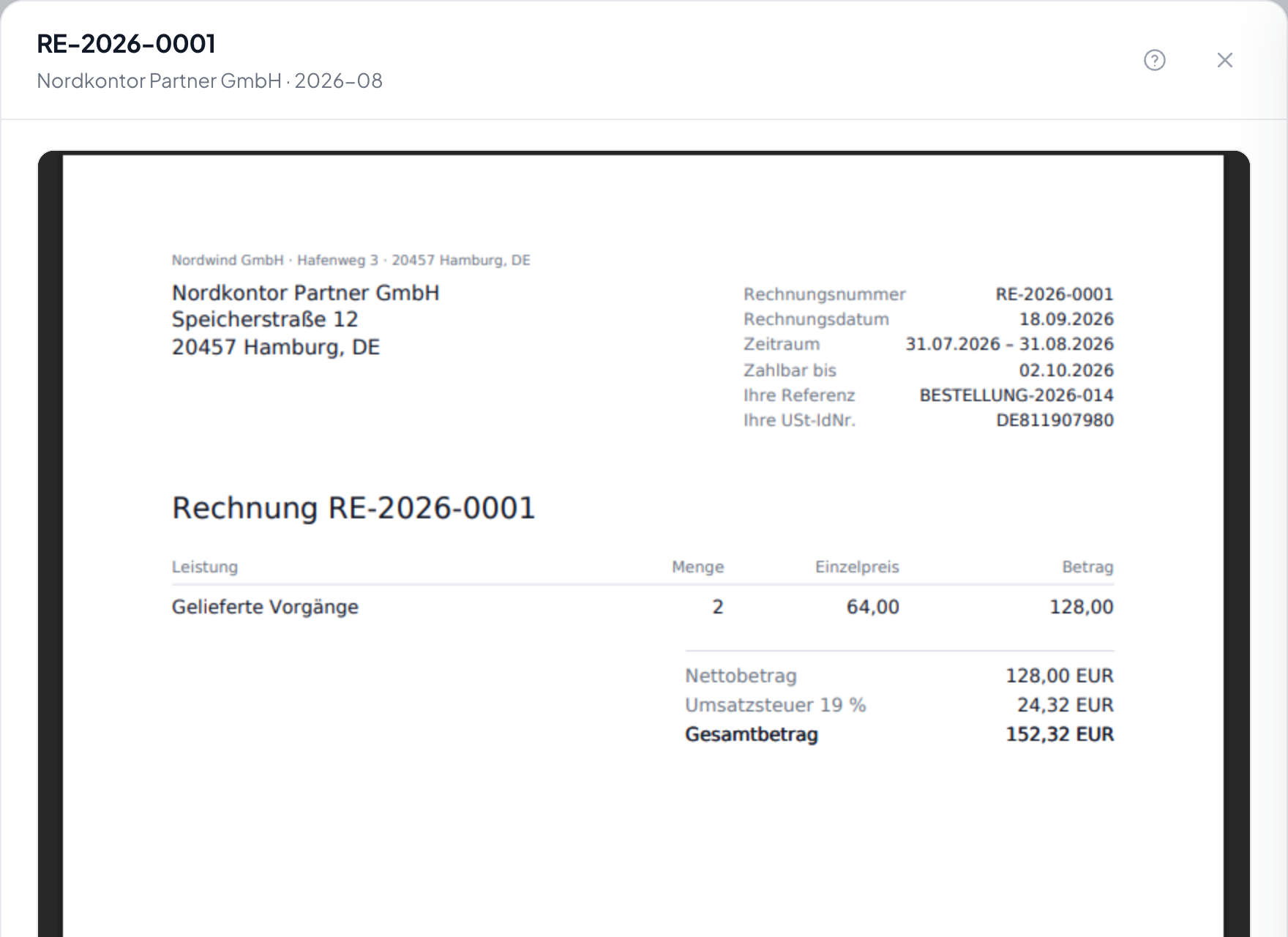 The document as the partner receives it. One line per delivery, grouped by price.