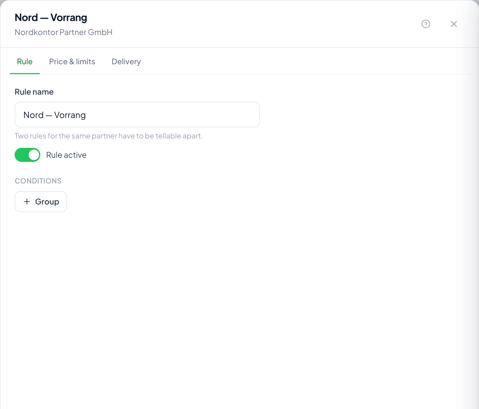 Conditions, price, limits and delivery: in the order you set them up.