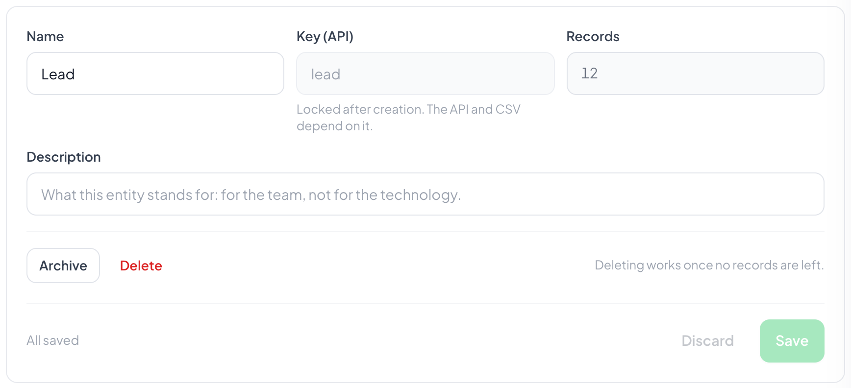 The head of the entity: name, key for the API and the number of records in it. Deleting stays locked while any are left.