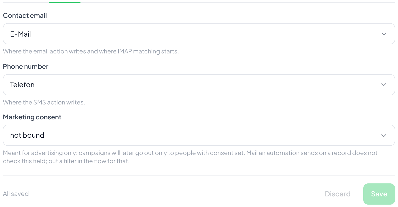 Three assignments, each with a line saying who reads it. Marketing consent only appears when campaigns are booked.