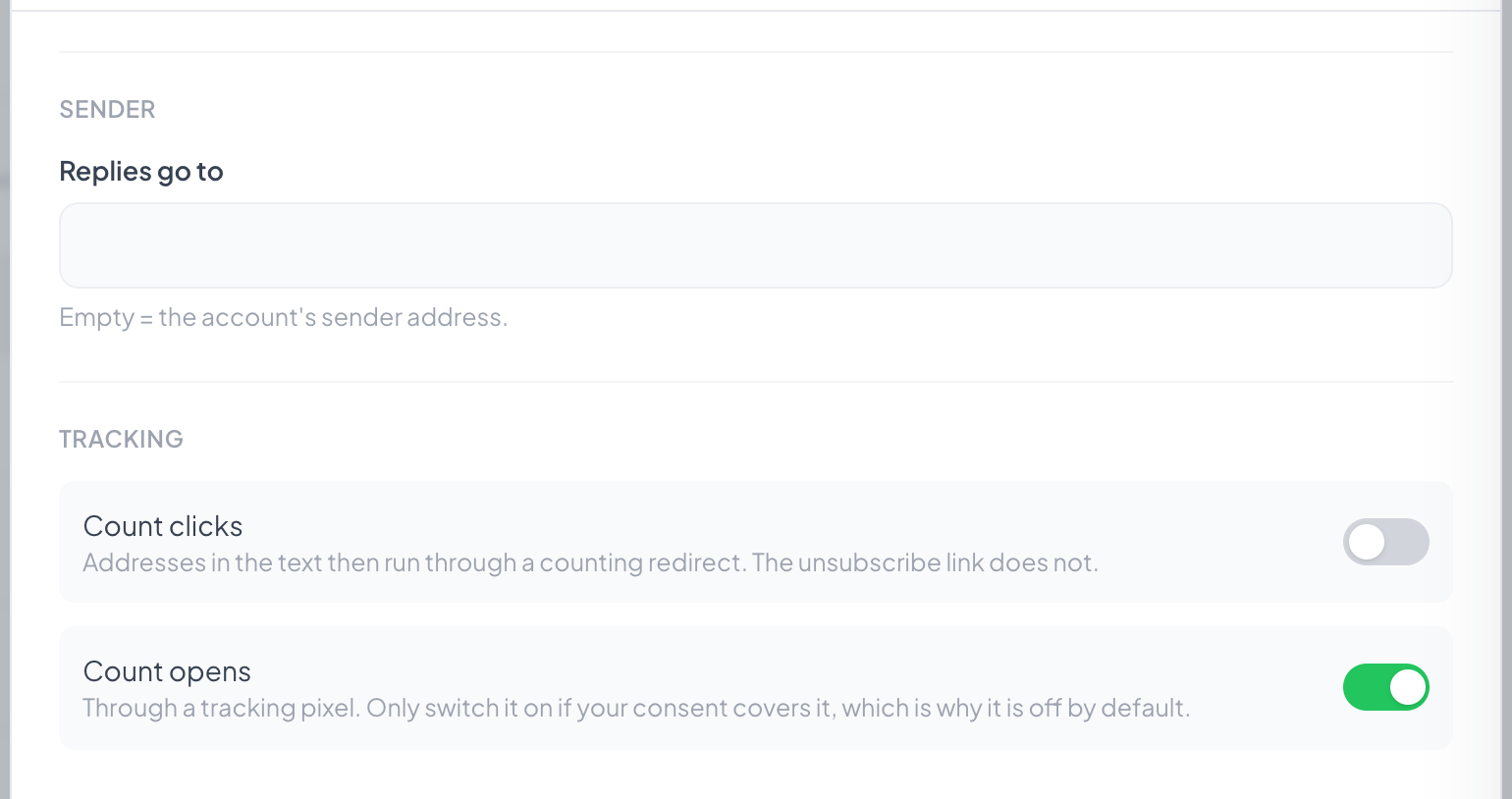 Leave the reply address empty to use the account's own. Below it the two kinds of counting, each decided on its own.