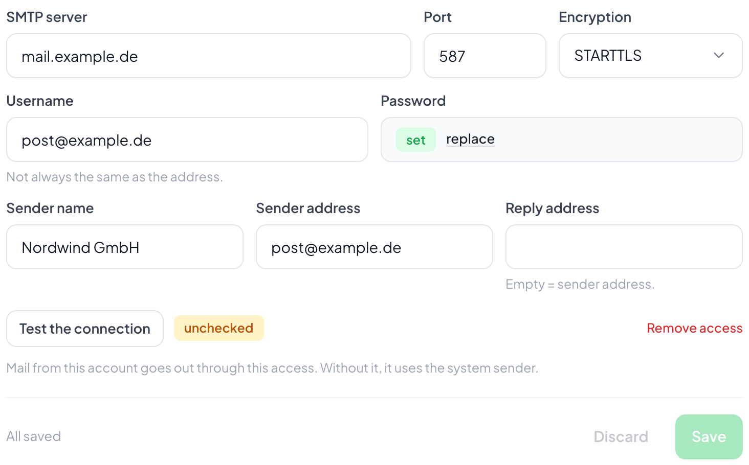 The credentials, and below them the button that tries them out. What gets tested is what is stored, so save first.