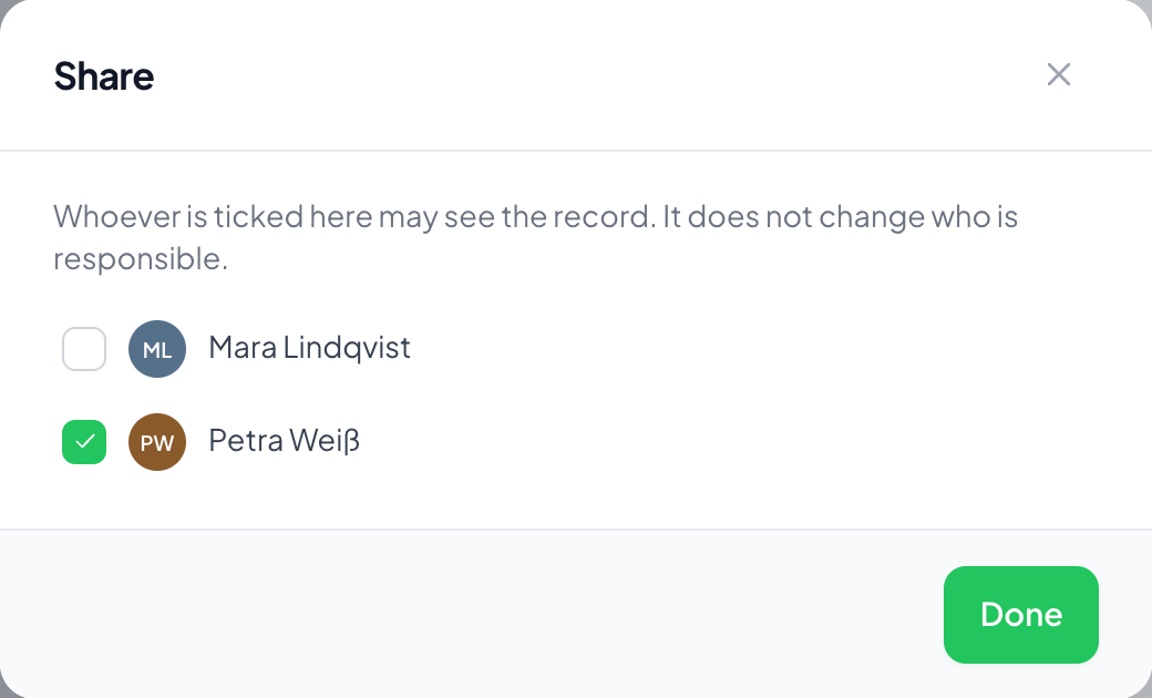 The list shows everyone working in the account; a tick brings someone in. Whoever is responsible is not in it.