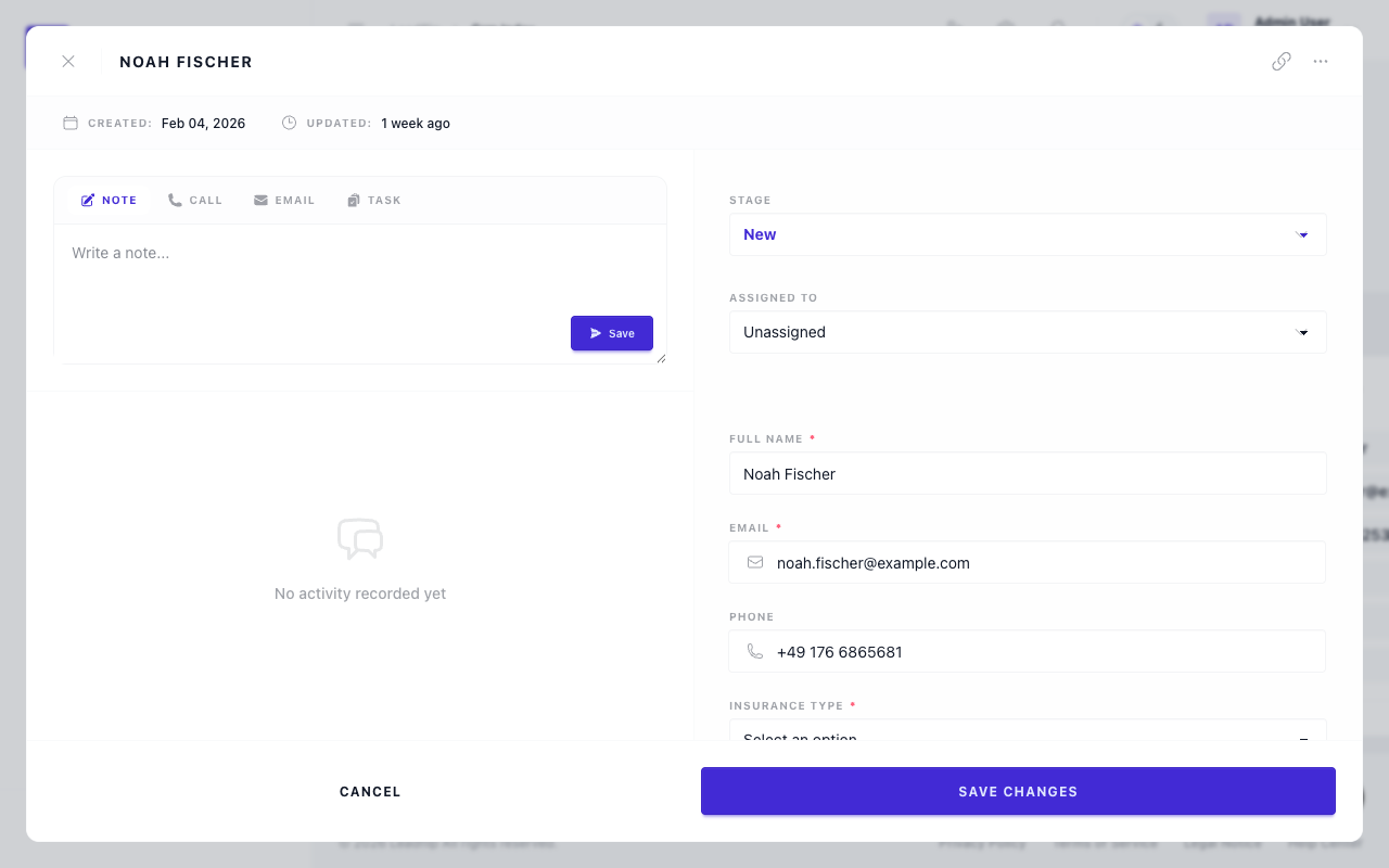 CRM lead detail drawer with timeline and fields