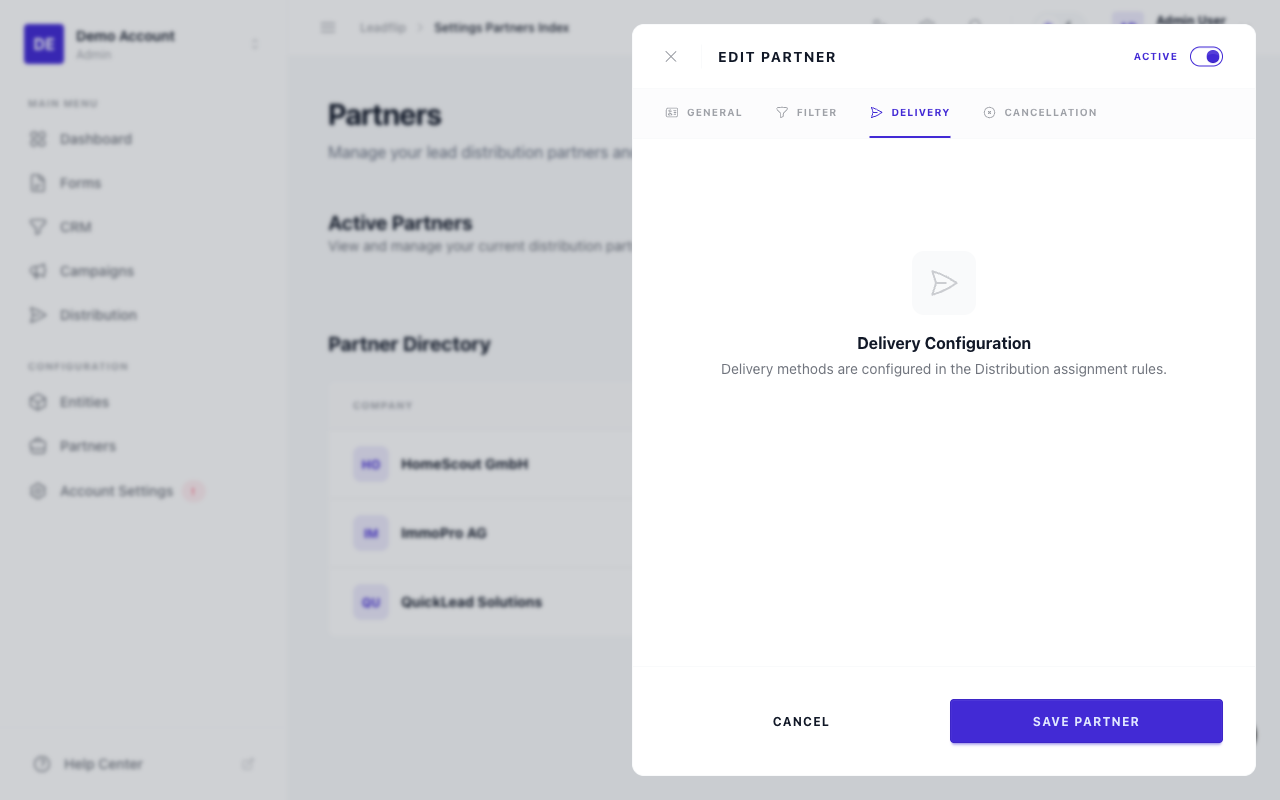 Partner delivery configuration — webhook and email channels