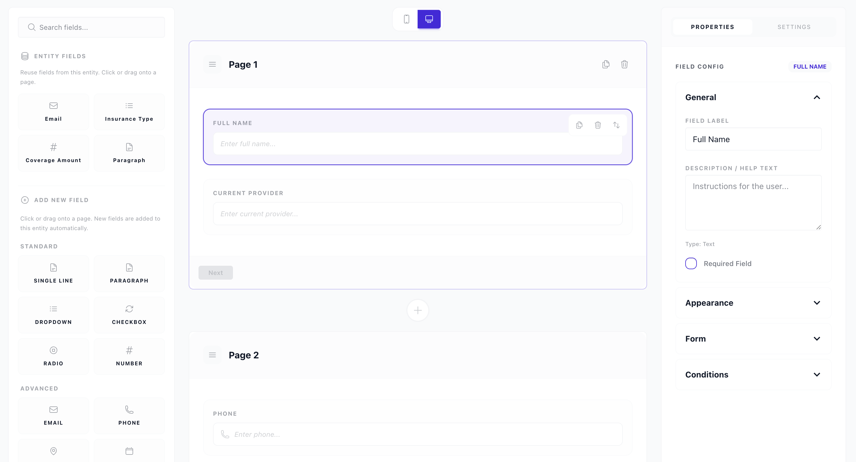 Form Builder — three-column layout